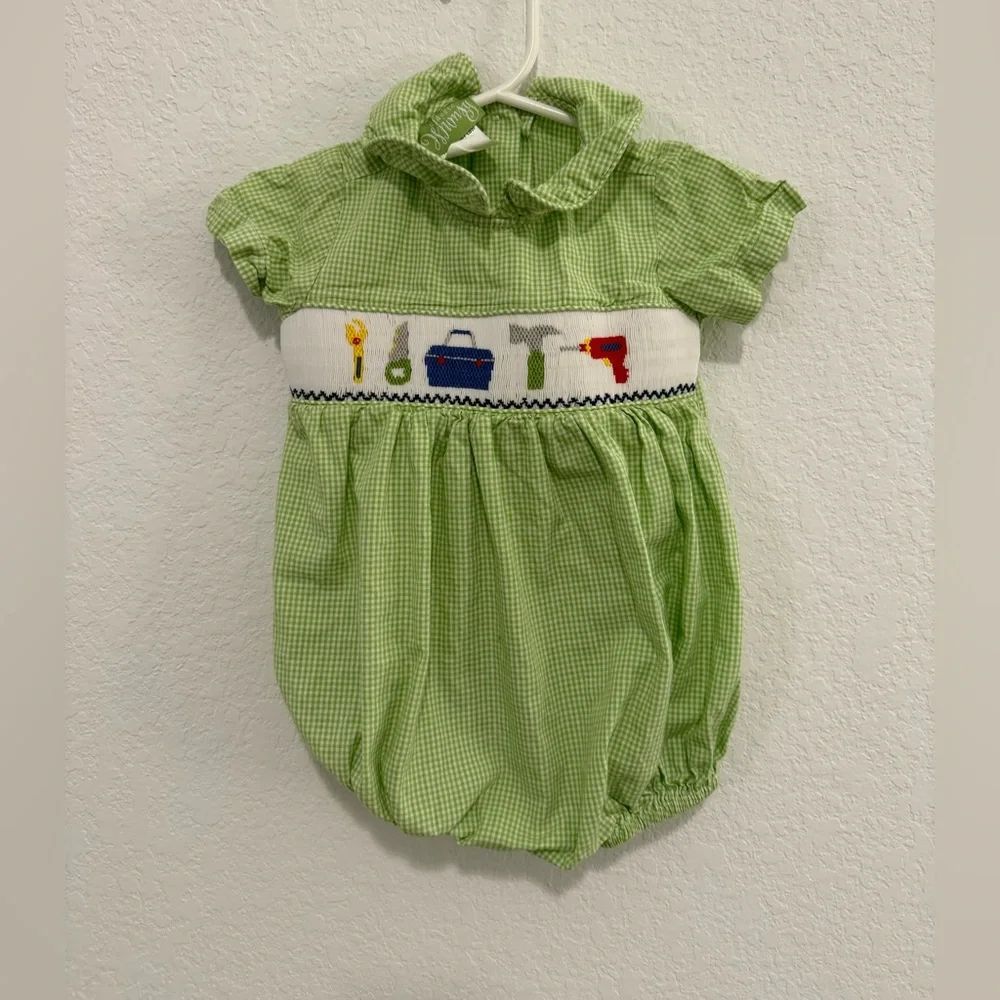 Baby Boy Smocked Bubble Size 6M Classic Whimsy Green and White - Picture 1 of 4